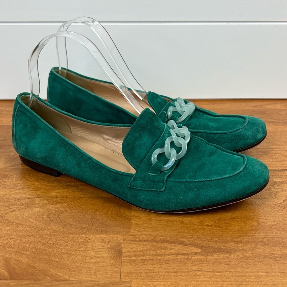 J crew emerald green loafers chain accent suede women’s size 10